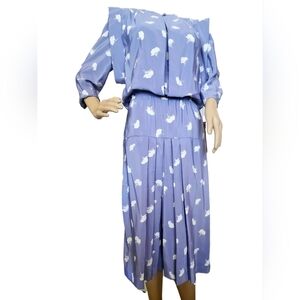 80s NWT JODY TOOTIQUE Flanged Dropped Waist Pleated Dress XS S Periwinkle Poppy